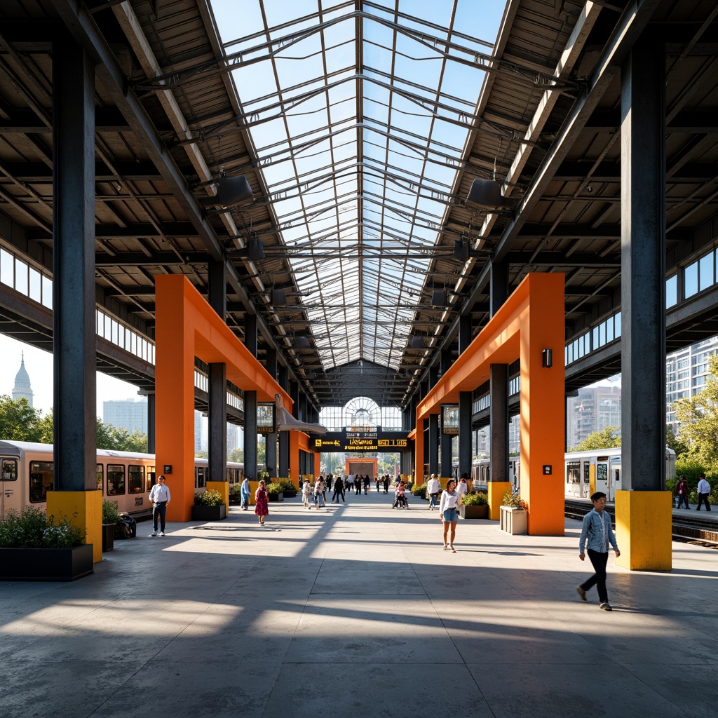 Prompt: Industrial train station, modernist architecture, primary color scheme, bold typography, functional design, steel beams, concrete floors, glass roofs, minimalist decor, urban landscape, busy atmosphere, rush hour, morning light, soft shadows, 1/1 composition, symmetrical framing, high contrast colors, bold geometric shapes.