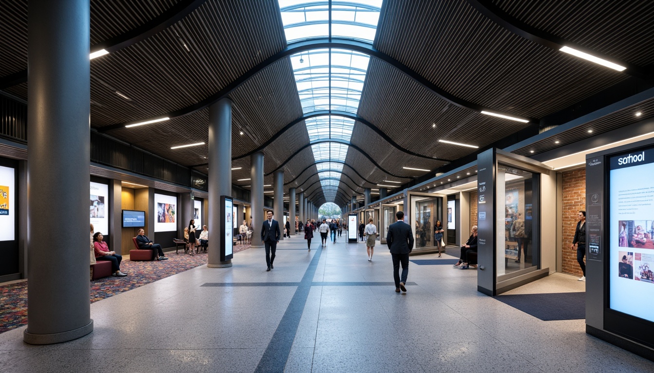 Prompt: Modern metro station interior, sleek metal columns, polished granite floors, vibrant LED lighting, spacious waiting areas, comfortable seating zones, digital information displays, clear signage systems, efficient navigation paths, ample natural light, open archways, curved ceiling lines, urban-inspired art installations, dynamic passenger flow, secure surveillance cameras, convenient retail kiosks, clean minimalist aesthetics, subtle color schemes, soft ambient lighting, shallow depth of field, 3/4 composition, realistic textures.