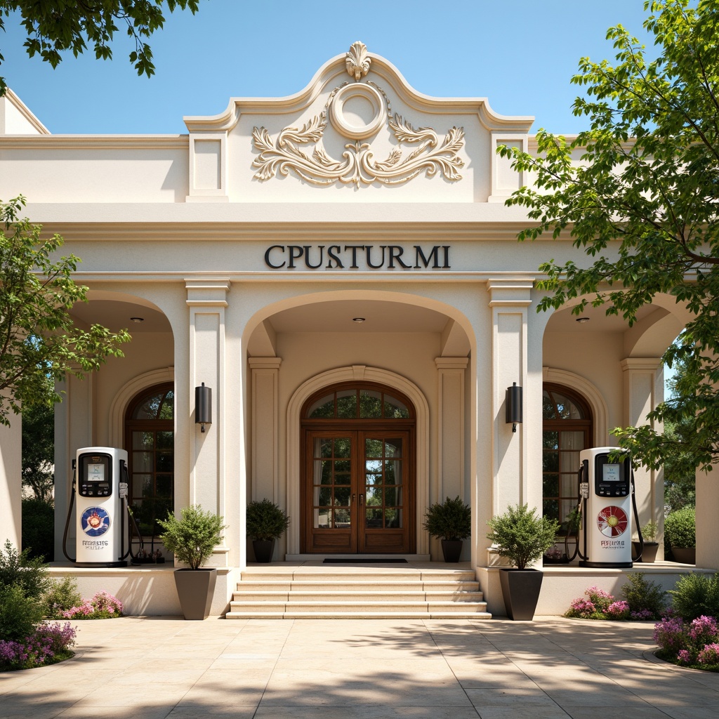 Prompt: Elegant gas station, Neoclassical architecture, symmetrical facade, ornate details, columns and arches, cream-colored stone walls, rich wood accents, polished metal trim, classic font signage, refined oil pumps, subtle lighting fixtures, soft beige pavement, lush greenery, blooming flowers, sunny day, warm ambient lighting, shallow depth of field, 3/4 composition, realistic textures, ambient occlusion.