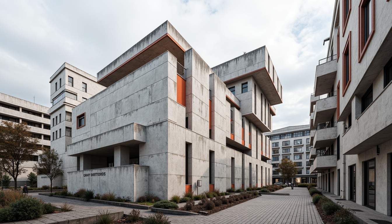 Prompt: Industrial urban landscape, brutalist concrete buildings, geometric shapes, rectangular forms, primary color accents, functional minimalism, clean lines, flat roofs, cantilevered structures, asymmetrical compositions, bold typography, metal railings, industrial materials, raw textures, dramatic shadows, high-contrast lighting, 1/1 composition, realistic render, ambient occlusion.