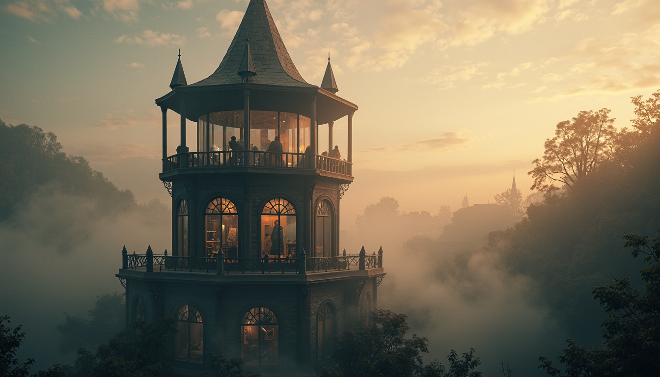 Prompt: Ethereal watching tower, mystical lantern-like structure, slender silhouette, wispy cloud-inspired details, dreamy soft lighting, misty atmosphere, ancient stone foundation, weathered wooden accents, ornate metalwork, stained glass windows, gothic arches, dramatic verticality, cinematic composition, high contrast, warm golden hour, subtle depth of field, 1/2 camera angle, realistic textures, ambient occlusion.