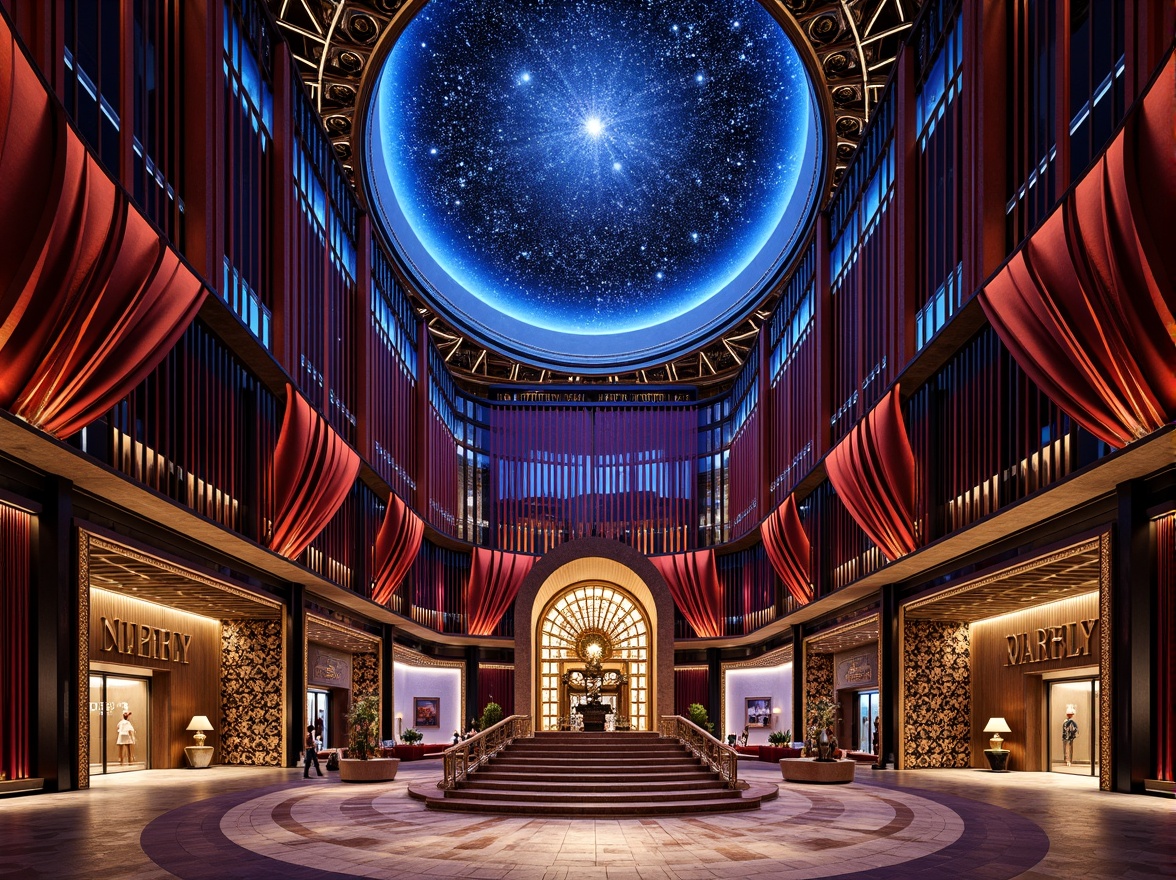 Prompt: Geometric planetarium dome, ornate metal latticework, starry night sky, vibrant neon lights, luxurious velvet drapes, intricate marble floors, gilded accents, curved lines, zigzag patterns, chevron motifs, stylized botanical elements, metallic leaf details, sunburst designs, stepped silhouettes, opulent chandeliers, richly textured fabrics, celestial body sculptures, astronomical instruments, grand staircases, lavish foyers, ornate metal doors, dramatic spotlights, 1/2 composition, high-contrast lighting.