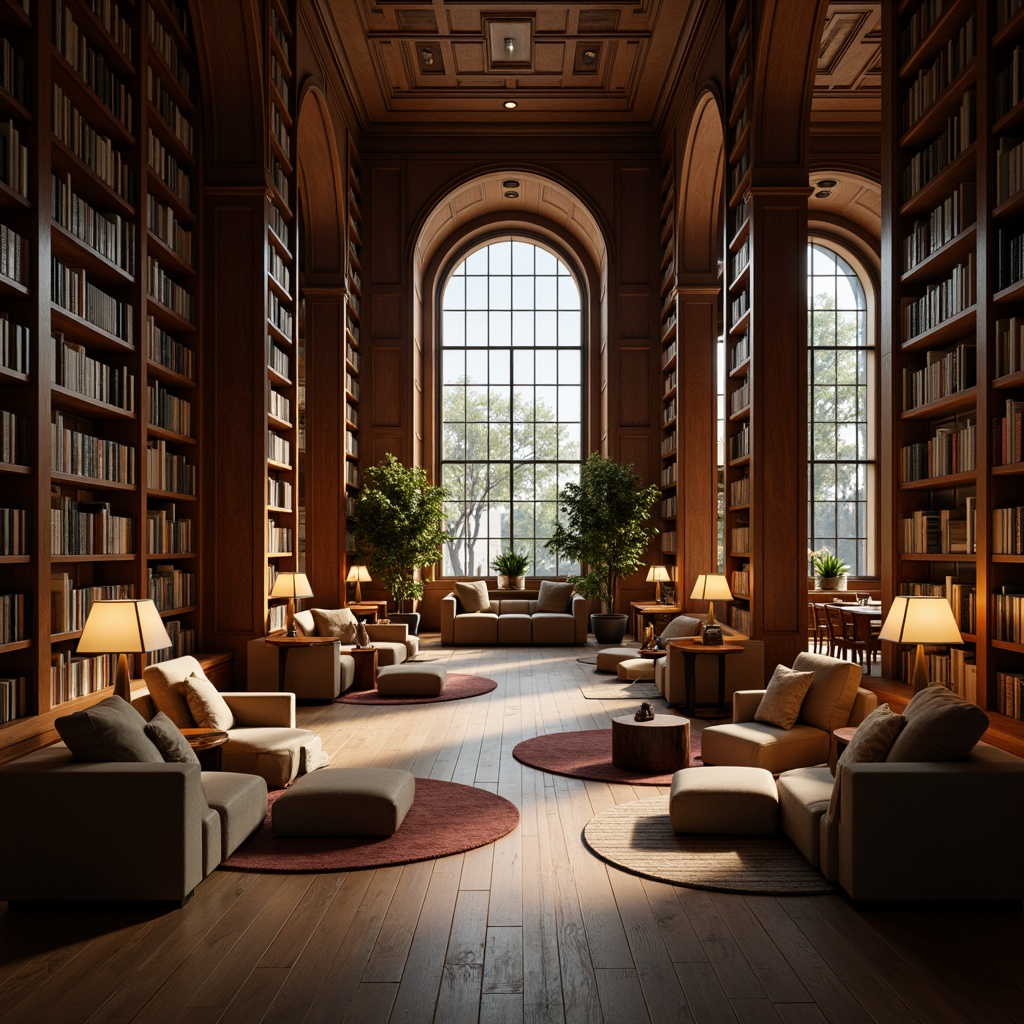 Prompt: Cozy library interior, warm natural lighting, large windows, wooden bookshelves, comfortable reading nooks, soft cushions, gentle floor lamps, minimal decor, neutral color palette, calm atmosphere, peaceful ambiance, quiet study areas, elegant archways, subtle texture details, realistic wood grain, softbox lighting, 1/1 composition, intimate spatial relationships.