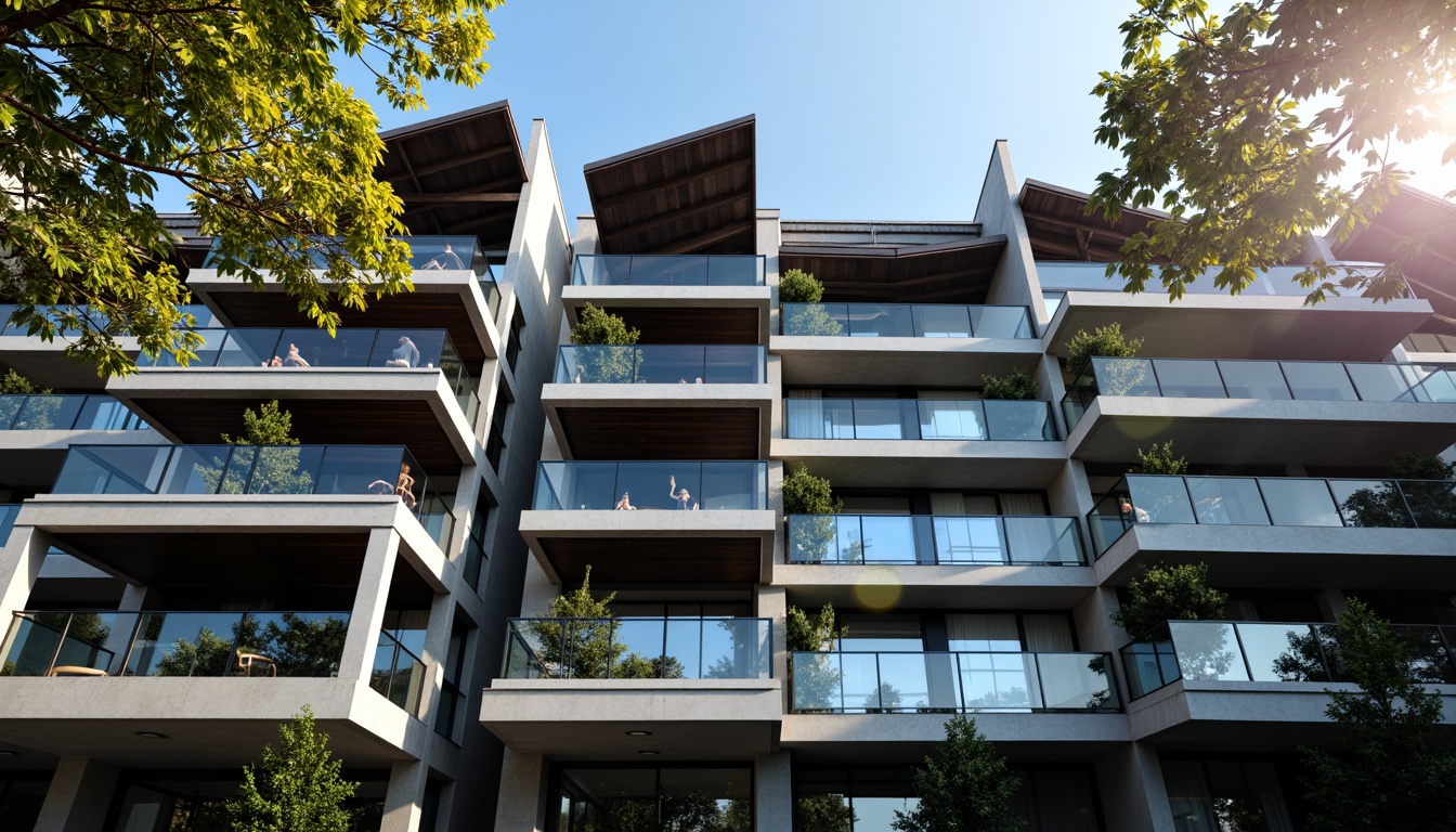 Prompt: Modern building facade, cantilevered roofs, exposed steel beams, angular columns, sleek glass railings, minimalist balconies, industrial-chic aesthetic, urban cityscape, sunny day, dramatic shadows, high-contrast lighting, 1/2 composition, shallow depth of field, realistic metallic textures, ambient occlusion.