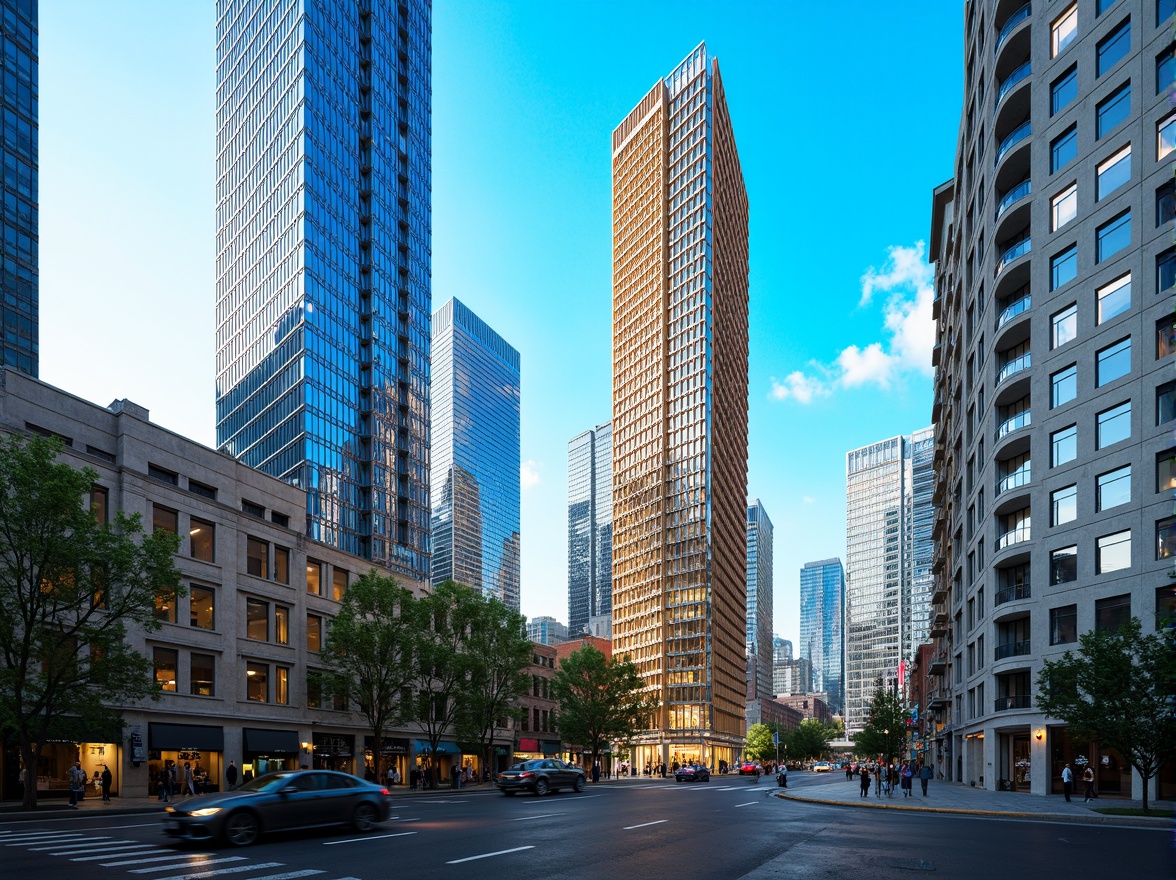 Prompt: Vibrant cityscape, urban skyscrapers, sleek glass towers, modern minimalist design, bold primary colors, deep blues, bright whites, warm beige tones, rich wood accents, metallic silver highlights, subtle gradient effects, atmospheric misty lighting, shallow depth of field, 1/1 composition, realistic textures, ambient occlusion.