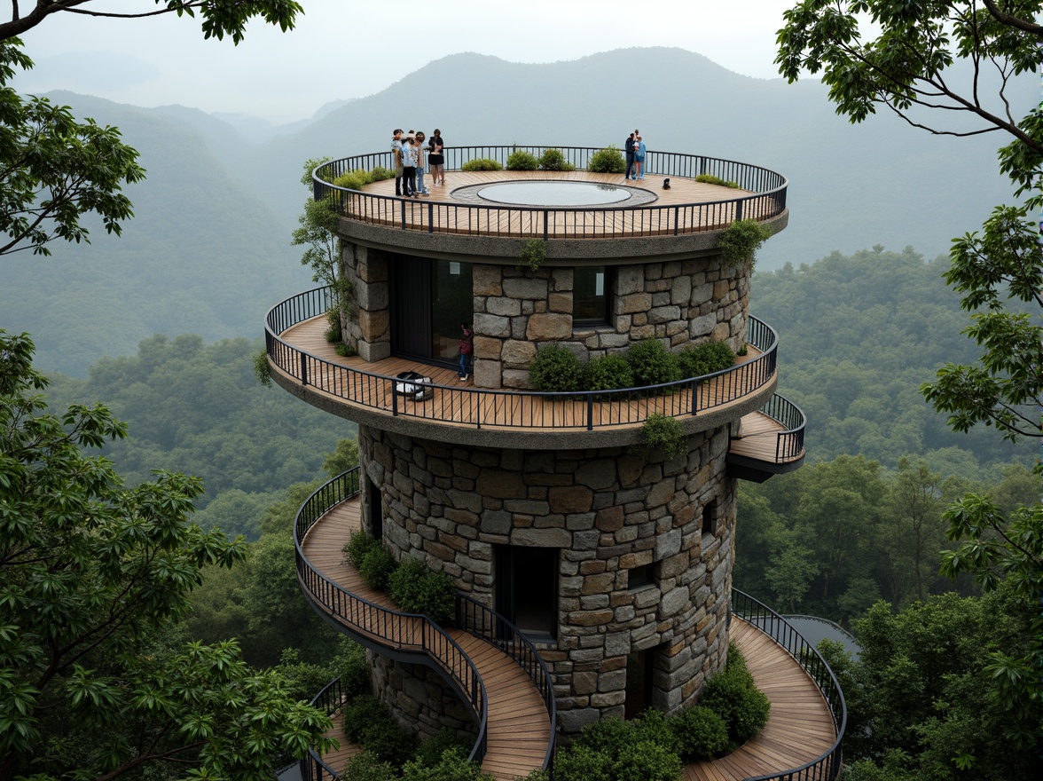 Prompt: Panoramic watching tower, rugged stone foundation, lush greenery integration, winding wooden stairs, scenic lookout decks, rustic metal railings, natural stone walls, earthy color palette, misty mountainous surroundings, serene forest ambiance, soft warm lighting, shallow depth of field, 3/4 composition, realistic textures, ambient occlusion, panoramic view, binoculars installation, telescopes, star-gazing platform, stargazing atmosphere, celestial body observation, astronomical instrumentation.