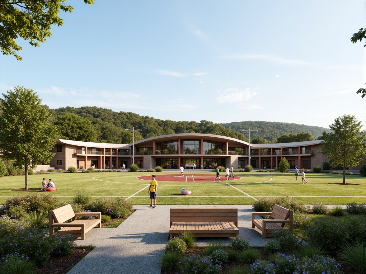 Prompt: Rustic gymnasium building, regionalism style architecture, natural stone fa\u00e7ade, curved lines, earthy tones, lush greenery, blooming flowers, wooden benches, sports equipment, athletic tracks, soccer fields, tennis courts, modern outdoor lighting, warm sunny day, soft natural textures, 1/1 composition, shallow depth of field, panoramic view, realistic ambient occlusion.Please let me know if this meets your expectations!