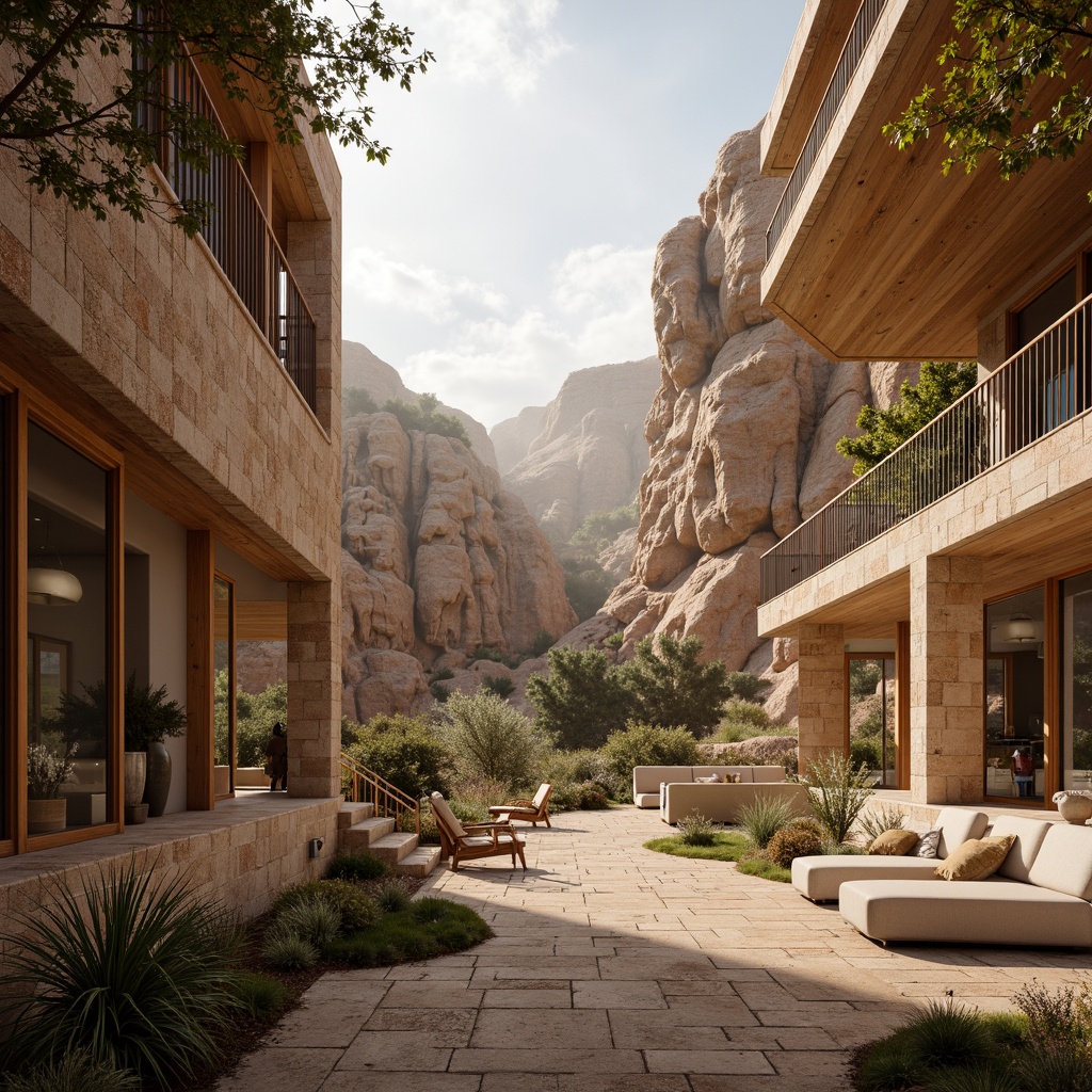 Prompt: Canyon landscape, rugged rock formations, vast open spaces, natural stone walls, earthy tones, warm beige colors, wooden accents, large windows, sliding glass doors, clerestory windows, skylights, soft diffused lighting, indirect sunlight, ambient shadows, 3/4 composition, panoramic view, realistic textures, depth of field, atmospheric perspective, misty morning, golden hour, warm color palette.Please let me know if this meets your requirements!