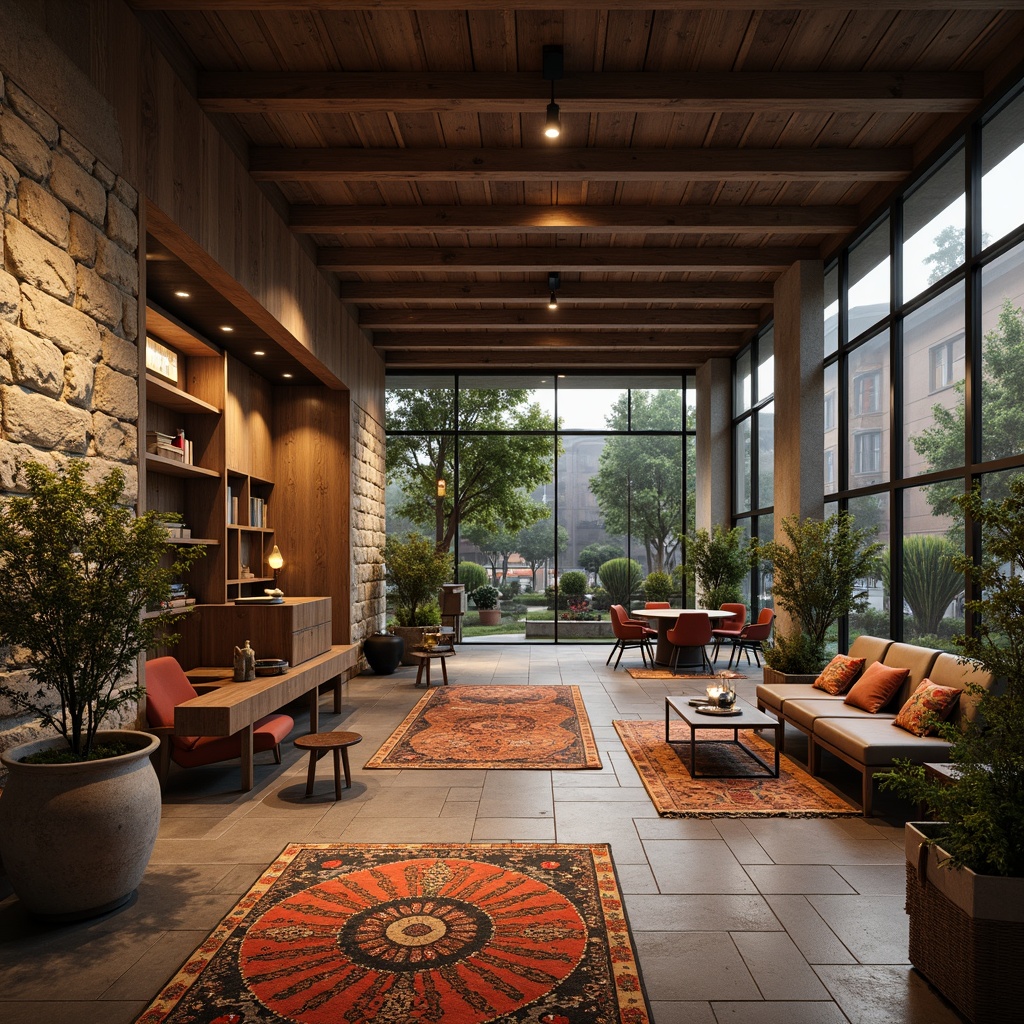 Prompt: Rustic stone walls, smooth wooden floors, metallic fa\u00e7ades, translucent glass panels, weathered concrete surfaces, intricate tile patterns, vibrant colorful textiles, natural fiber rugs, ambient occlusion, realistic material rendering, 3D modeling, detailed normal maps, subtle bump mapping, atmospheric perspective, cinematic lighting, warm cozy atmosphere, modern minimalist interior, eclectic vintage decor, futuristic high-tech ambiance.