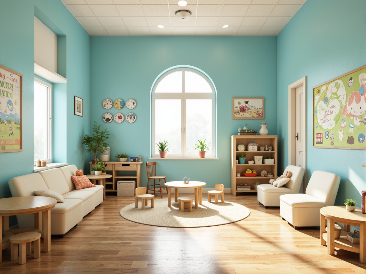 Prompt: Vibrant kindergarten, soft light blue walls, creamy white furniture, playful rounded shapes, educational posters, interactive toys, alphabet decorations, cartoon character murals, natural wood floors, cozy reading nooks, circular tables, tiny chairs, cheerful atmosphere, warm sunny lighting, shallow depth of field, 1/1 composition, realistic textures, ambient occlusion.