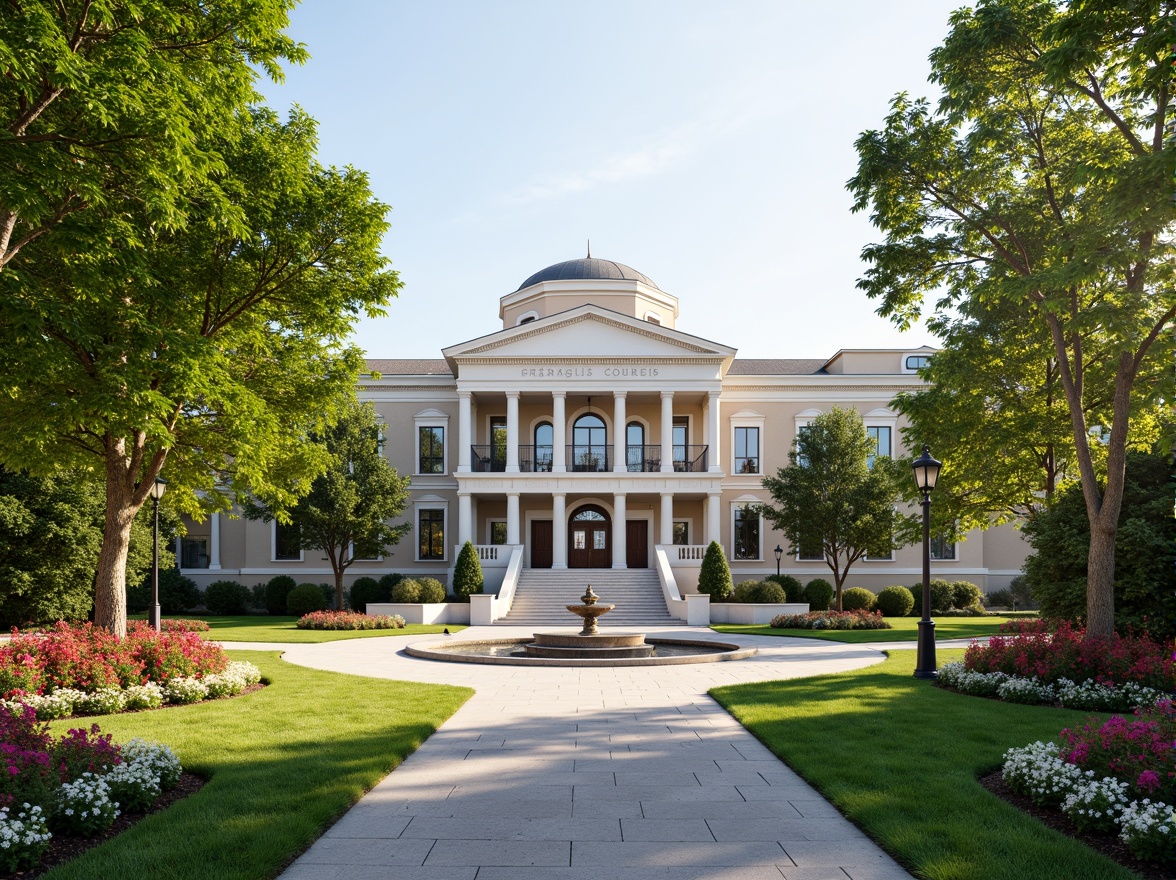 Prompt: Majestic courthouse building, neoclassical architecture, grand entrance stairs, symmetrical fountain, lush green grass, vibrant flower beds, ornamental trees, walking paths, decorative lamp posts, seasonal blooming plants, natural stone pavement, historic monument, sunny day, soft warm lighting, shallow depth of field, 1/1 composition, panoramic view, realistic textures, ambient occlusion.