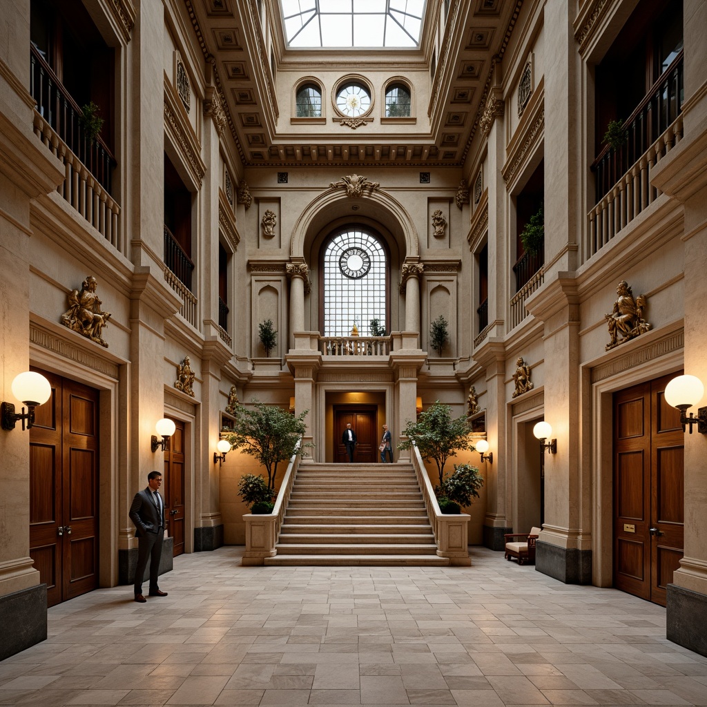 Prompt: Grand courthouse facade, classical architecture style, majestic columns, ornate detailing, symmetrical composition, limestone walls, marble steps, bronze doors, elegant archways, vaulted ceilings, intricate moldings, stately clock tower, grand staircase, rich wood paneling, solemn atmosphere, warm natural lighting, shallow depth of field, 1/1 composition, realistic textures, ambient occlusion.