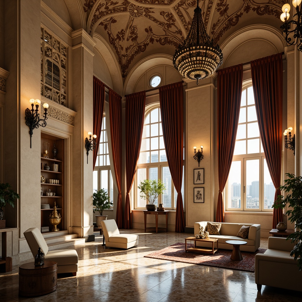 Prompt: Luxurious penthouse, Romanesque architecture, ornate stone carvings, rich velvet drapes, polished marble floors, intricate ironwork, lavish crystal chandeliers, soft golden lighting, warm beige walls, opulent furnishings, plush area rugs, tufted upholstery, glossy wooden accents, subtle texture overlays, detailed stonework, ambient occlusion, 1/1 composition, shallow depth of field, cinematic camera angles.