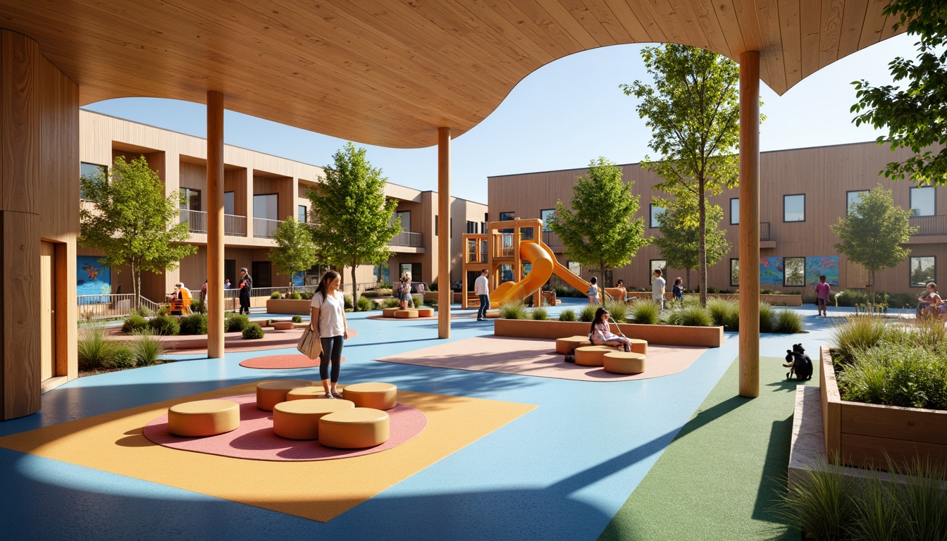 Prompt: Vibrant kindergarten, open play areas, colorful playground equipment, soft padded floors, natural wood accents, large windows, abundant natural light, flexible seating arrangements, collaborative learning spaces, interactive whiteboards, educational murals, cozy reading nooks, sensory integration zones, calming water features, organic shaped buildings, curved lines, playful architecture, warm earthy tones, textured rugs, comfortable furniture, inclusive accessibility features, soft music ambiance, gentle breezy days, 1/2 composition, shallow depth of field, realistic textures.