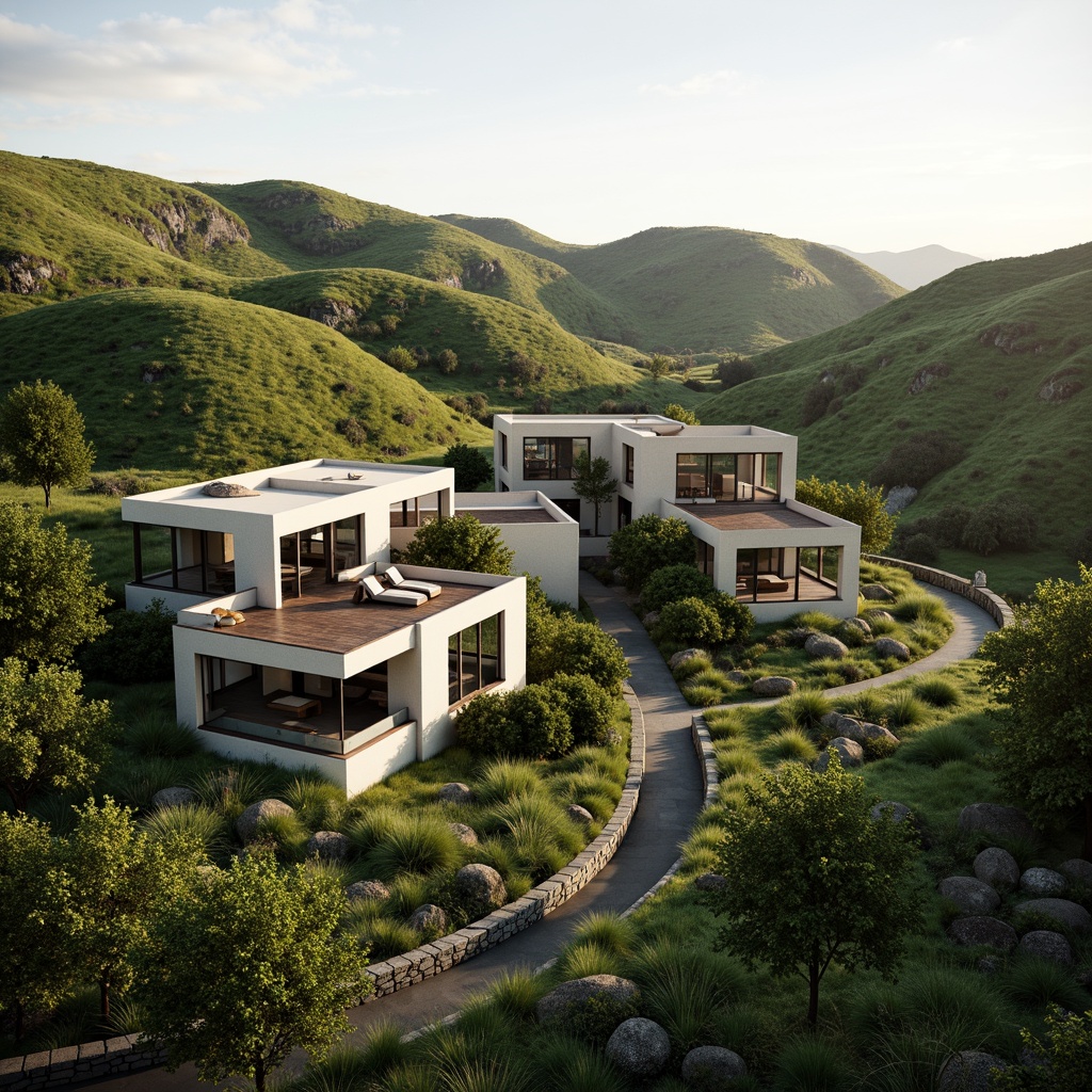 Prompt: Harmonious landscape fusion, rolling hills, lush greenery, meandering pathways, natural stone walls, curved lines, organic architecture, blending boundaries, seamless transitions, modern minimalist design, large windows, sliding glass doors, cantilevered roofs, overhanging eaves, shaded outdoor spaces, warm natural lighting, soft focus, atmospheric perspective, 2/3 composition, cinematic view, realistic textures, ambient occlusion.