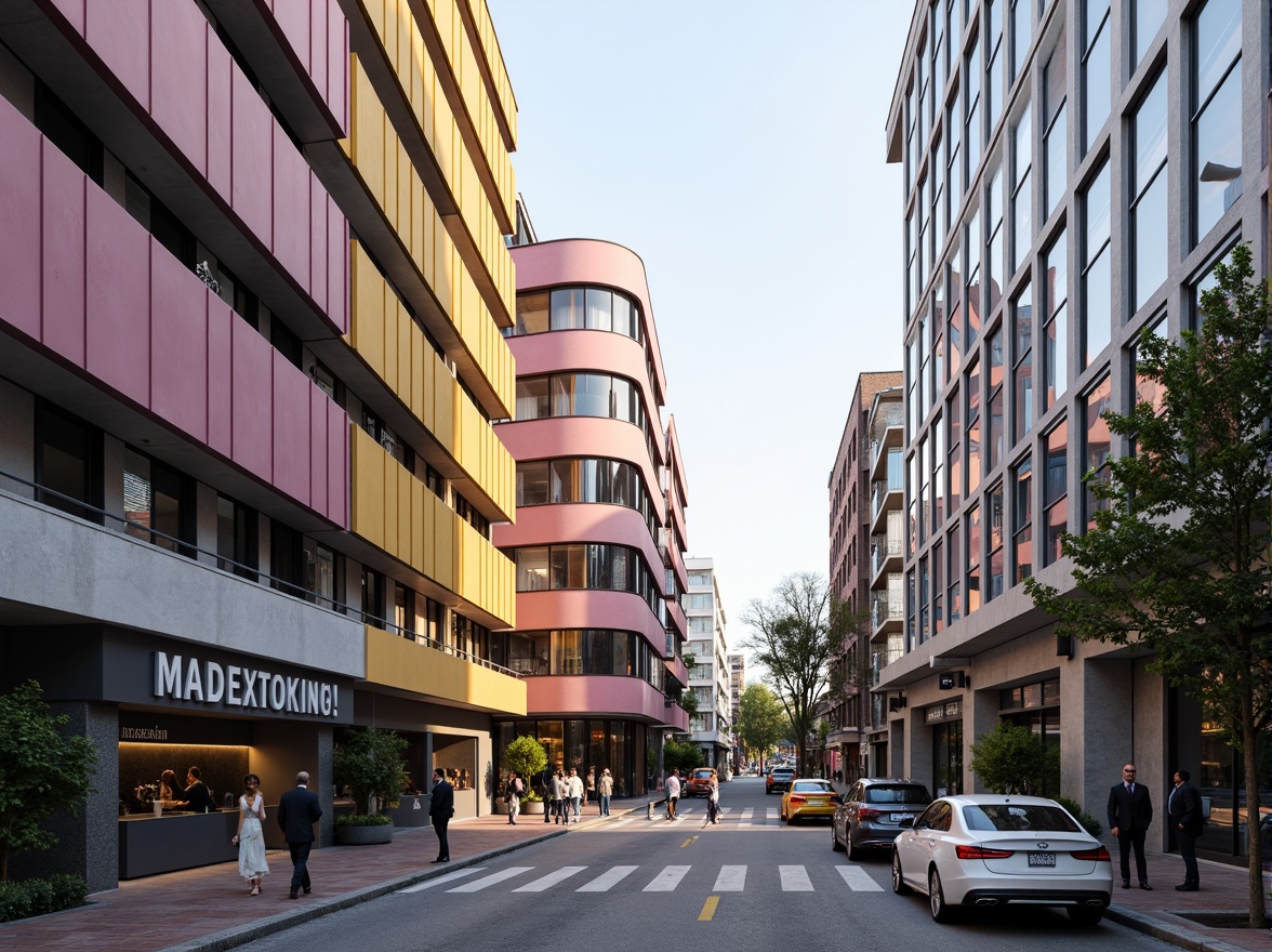 Prompt: Vibrant modern architecture, bold color scheme, pastel hues, soft gradients, monochromatic tones, contrasting textures, industrial materials, exposed ductwork, polished metal accents, sleek glass fa\u00e7ades, urban cityscape, bustling streets, warm afternoon light, high-contrast shadows, 1/1 composition, symmetrical framing, atmospheric perspective.