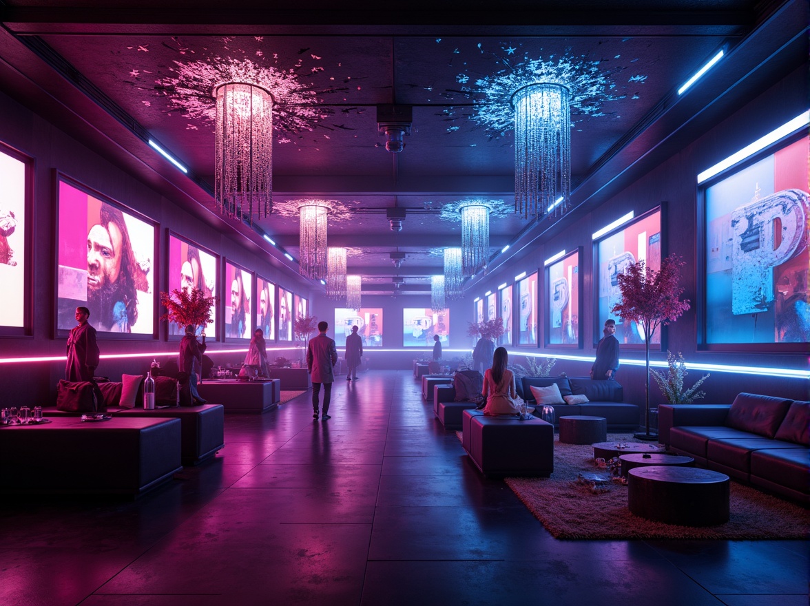 Prompt: Neon-lit nightclub, futuristic architecture, dark sleek surfaces, strobe lights, laser beams, fog machines, mirrored ceilings, glittering chandeliers, holographic projections, LED screens, dynamic patterns, pulsating rhythms, vibrant color schemes, metallic accents, glassy reflections, spotlights, shadowy corners, ambient glow, 3D visual effects, immersive atmosphere, high-contrast lighting, shallow depth of field, cinematic composition, futuristic furniture, cyberpunk-inspired decor.