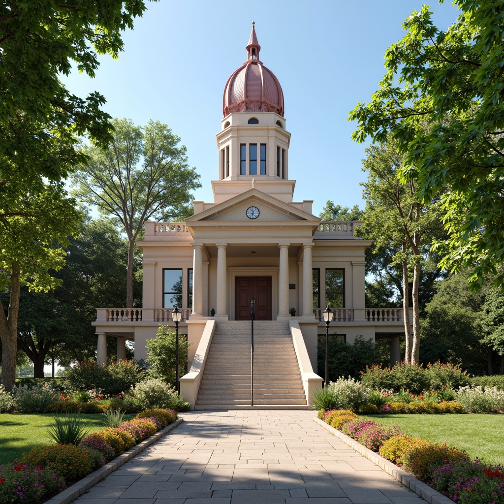 Prompt: Historic courthouse building, grand staircase, ornate columns, majestic clock tower, lush green lawns, vibrant flower beds, neatly trimmed hedges, walking paths, historic lamp posts, seasonal plant arrangements, natural stone pavement, symmetrical landscaping, serene ambiance, warm sunny day, soft diffused lighting, shallow depth of field, 1/1 composition, realistic textures, ambient occlusion.