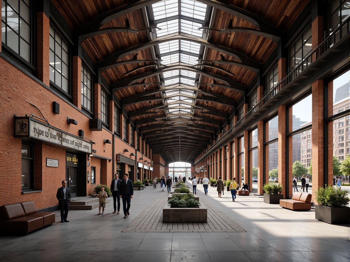 Prompt: Bauhaus-style train station, industrial architecture, exposed brick walls, steel beams, polished concrete floors, wooden accents, geometric patterns, functional design, urban landscape, busy streets, morning commute, natural light, high ceilings, minimalist decor, bold typography, metallic signage, distressed textures, vintage luggage racks, worn leather benches, ornate ironwork, art deco influences, 1/2 composition, shallow depth of field, warm color palette, realistic rendering.