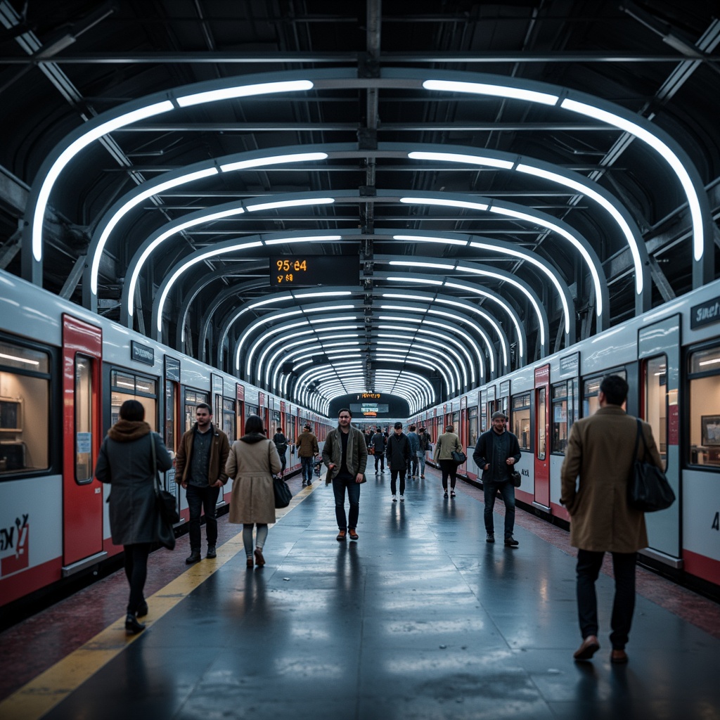 Prompt: Modern metro station, sleek trains, bustling crowds, urban atmosphere, bright LED lights, dynamic illumination, futuristic ambiance, stainless steel handrails, polished granite floors, curved ceiling designs, indirect lighting, hidden light sources, subtle color temperatures, soft warm glow, ambient shadows, 1/2 composition, shallow depth of field, realistic reflections.