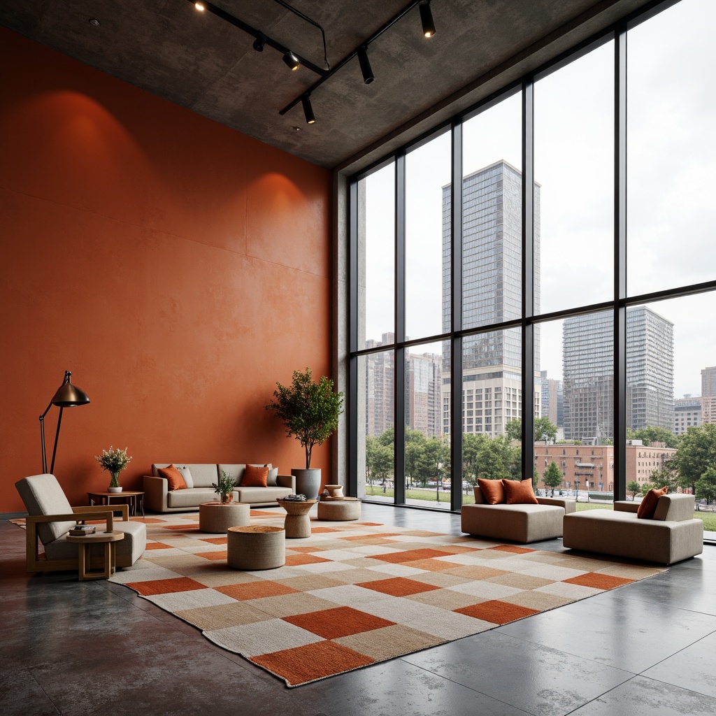 Prompt: Vibrant persimmon accent walls, modern minimalist office buildings, sleek metal frames, floor-to-ceiling windows, polished concrete floors, industrial chic decor, geometric patterned rugs, warm beige furniture, rich wood accents, natural stone features, urban cityscape views, cloudy white skies, soft diffused lighting, shallow depth of field, 2/3 composition, realistic textures, ambient occlusion.