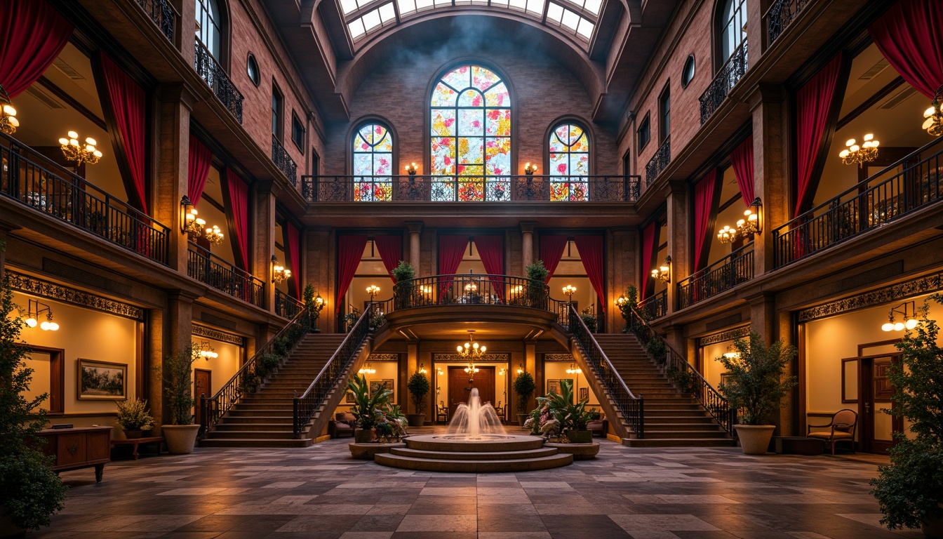 Prompt: Vibrant Gothic Revival mansion, ornate stone carvings, warm golden lighting, rich jewel-toned windows, bold red brick fa\u00e7ade, intricate ironwork, grandiose entrance halls, sweeping staircases, lavish velvet drapes, mysterious atmospheric fog, soft warm glow, high contrast colors, dramatic chiaroscuro, symmetrical composition, Baroque-inspired ornaments, luxurious marble floors, mystical stained glass, whimsical floral patterns, eerie misty ambiance.