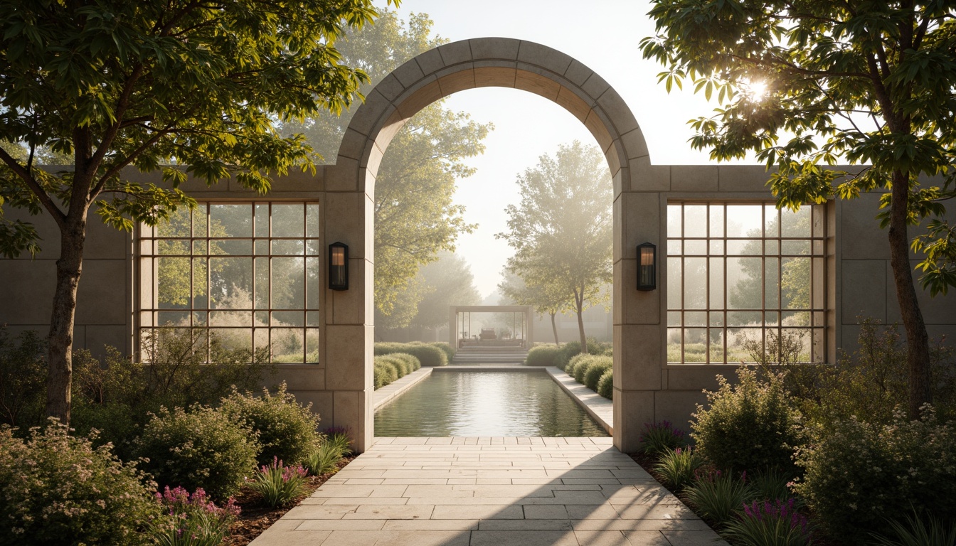 Prompt: Ethereal entrance archway, transparent glass walls, latticework metal gates, soft diffused light, warm ambient glow, delicate petal-like details, iridescent color shifting, misty atmospheric effects, shallow depth of field, 1/1 composition, subtle texture overlays, luminous accents, airy open spaces, serene natural surroundings, blooming flowers, gentle water features.