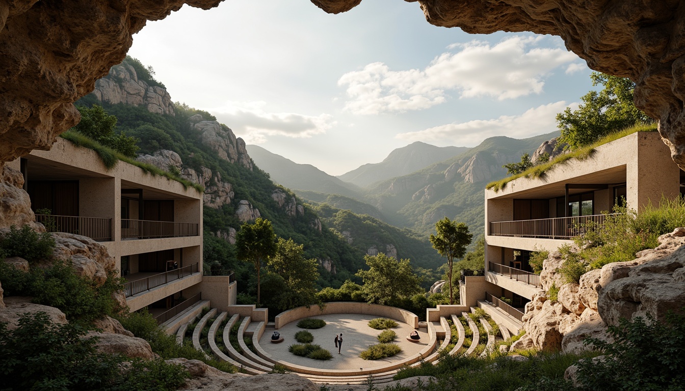 Prompt: Rugged amphitheater architecture, brutalist concrete structures, green roof integration, lush vegetation overhangs, natural stone walls, weathered steel beams, cantilevered seating areas, panoramic views, surrounding mountains, misty atmosphere, warm golden lighting, shallow depth of field, 1/1 composition, symmetrical framing, realistic rock textures, ambient occlusion.