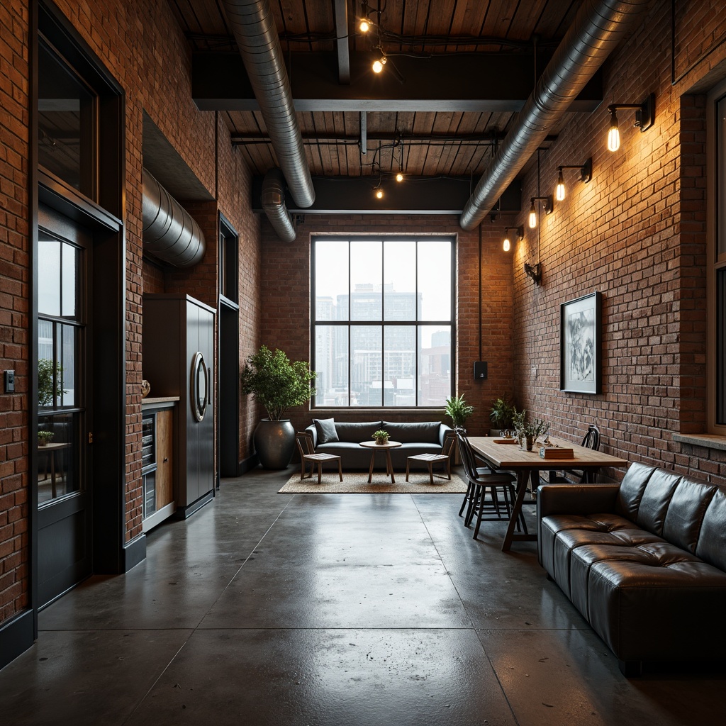 Prompt: Rustic industrial warehouse, exposed brick walls, metal beams, reclaimed wood accents, functional pipes, urban cityscape, converted lofts, modern amenities, sleek steel furniture, polished concrete floors, Edison bulb lighting, atmospheric mist, shallow depth of field, 1/2 composition, dramatic shadows, realistic textures, ambient occlusion.