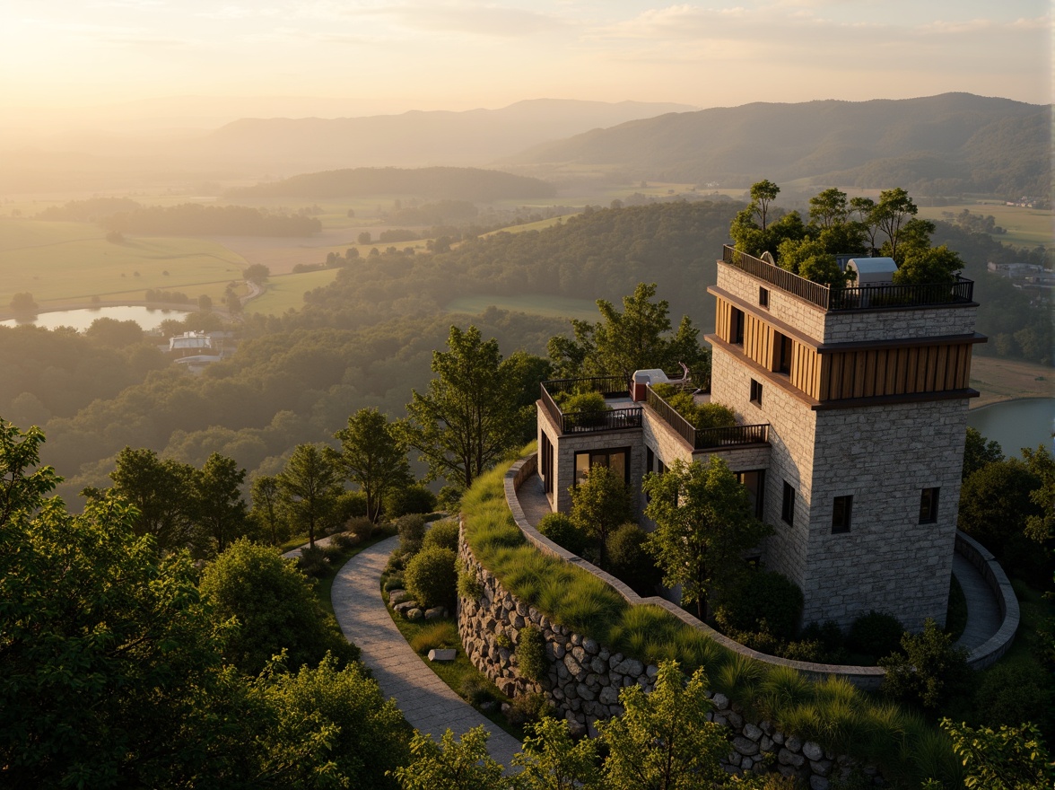 Prompt: Panoramic watchtower, lush greenery, rugged stone walls, weathered wooden accents, panoramic views, scenic overlooks, rolling hills, serene countryside, misty dawn, warm golden lighting, soft focus, 3/4 composition, realistic textures, ambient occlusion, natural blending, earthy tones, rustic charm, cozy nooks, observation decks, telescopes, binoculars, star-gazing nights, celestial navigation.