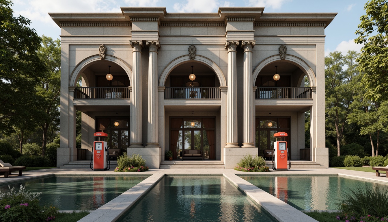 Prompt: Grandiose gas station, neoclassical columns, ornate facades, symmetrical architecture, luxurious stone walls, majestic arches, intricate moldings, elegant lanterns, refined metal details, vintage fuel pumps, lush greenery, blooming flowers, manicured lawns, serene water features, dramatic lighting, shallow depth of field, 1/1 composition, cinematic view, realistic textures, ambient occlusion.