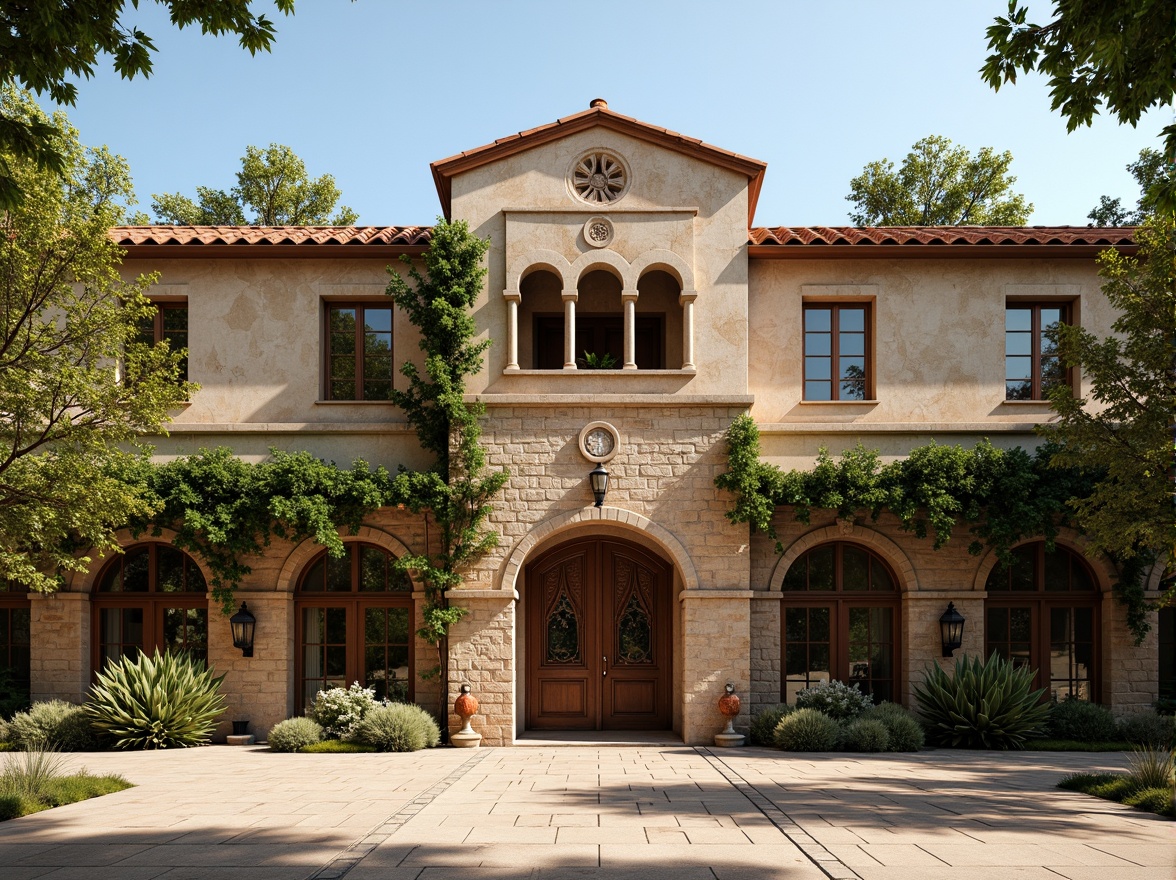 Prompt: Rustic school building, Romanesque arches, robust stone walls, ornate carvings, grand entranceways, heavy wooden doors, stained glass windows, terracotta roofing, verdant ivy climbing, weathered stone fa\u00e7ades, earthy color palette, warm afternoon sunlight, soft shadows, 1/1 composition, symmetrical framing, realistic textures, ambient occlusion.