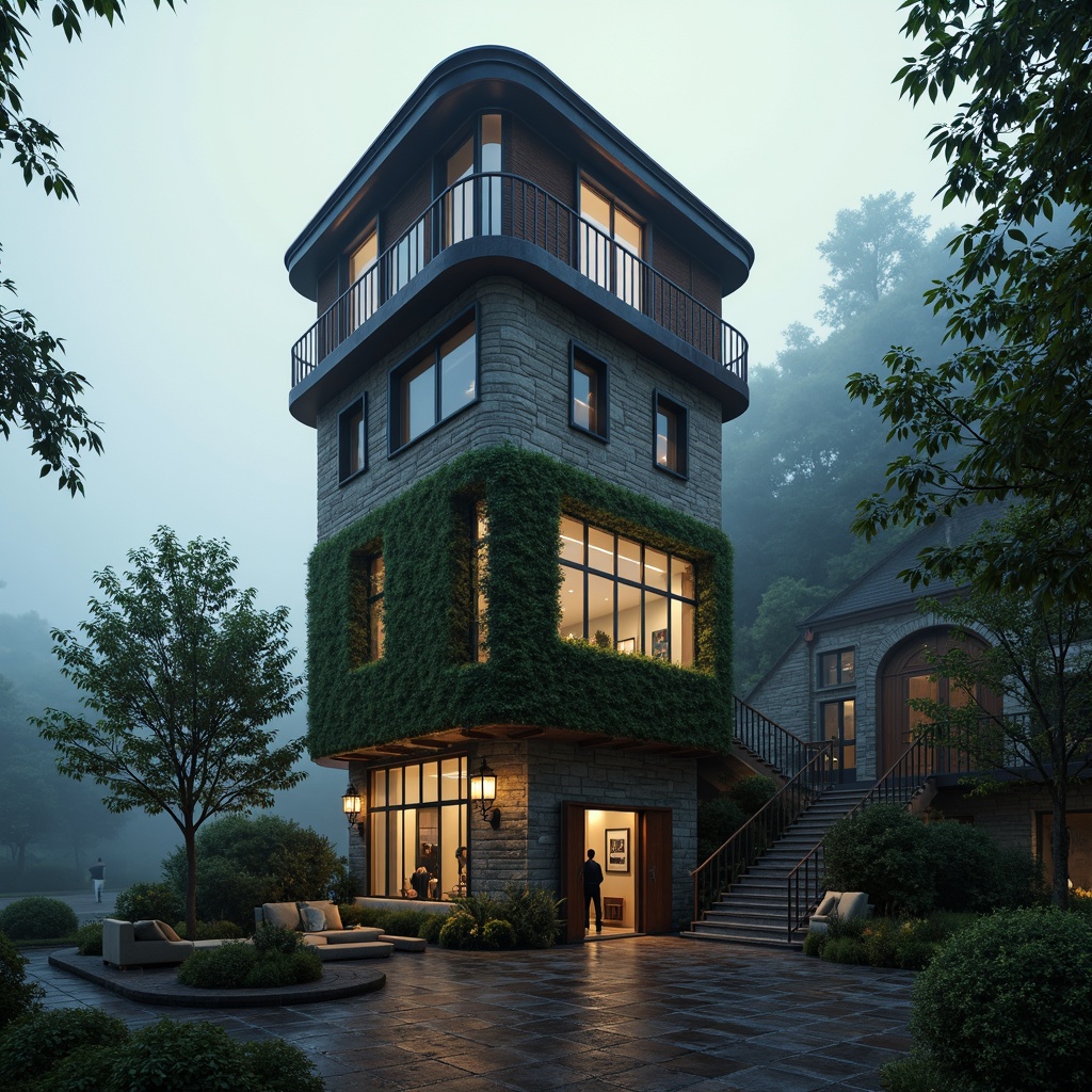 Prompt: Elegant watchtower, slender silhouette, rustic stone walls, wooden accents, ivy-covered facades, intricate stonework, grandiose entrance, ornate windows, dramatic staircases, mysterious lanterns, misty foggy mornings, soft warm lighting, shallow depth of field, 3/4 composition, panoramic view, realistic textures, ambient occlusion.