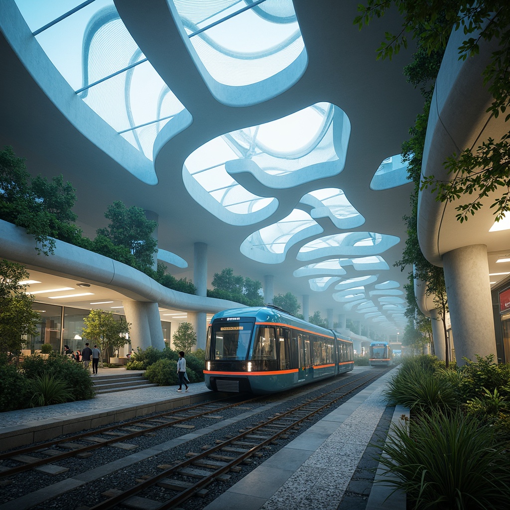 Prompt: Ethereal tram station, undulating curves, translucent membranes, iridescent colors, bioluminescent accents, organic forms, flowing lines, futuristic architecture, sustainable materials, natural ventilation systems, green roofs, living walls, ambient lighting, soft misty atmosphere, shallow depth of field, 1/2 composition, panoramic view, realistic reflections, detailed textures.