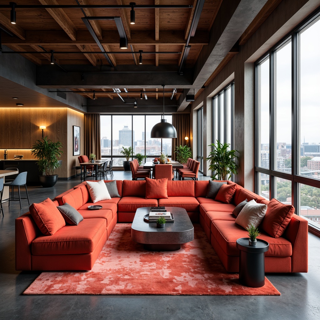 Prompt: Vibrant modern interior, luxurious furniture, bold color scheme, contrasting textures, metallic accents, sleek lines, minimalist decor, urban loft atmosphere, large windows, natural light, soft warm glow, 3/4 composition, realistic rendering, ambient occlusion.