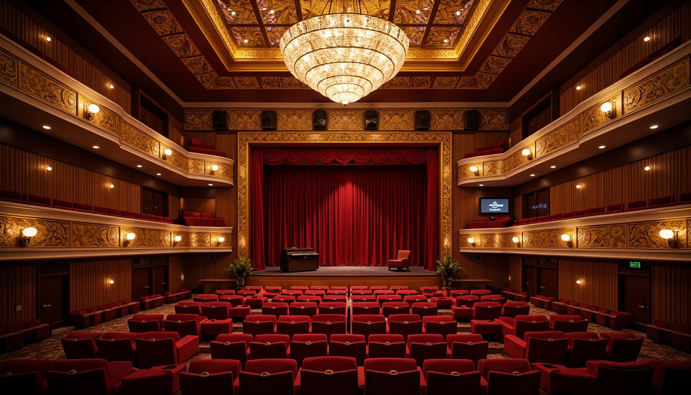 Prompt: Elegant theater interior, rich wood paneling, plush red velvet seats, ornate golden details, sophisticated soundproofing, acoustic panels, resonant cavity design, optimal speaker placement, precise audio calibration, intimate stage proximity, dramatic lighting fixtures, grand chandeliers, soft box seating, curved balconies, luxurious floor-to-ceiling drapes, warm ambient lighting, shallow depth of field, 2/3 composition, cinematic perspective, realistic material textures, subtle ambient occlusion.