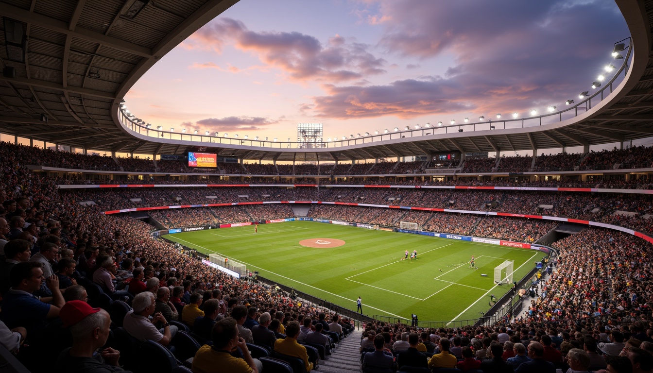 Prompt: Stadium grandstand, tiered seating, vibrant crowd, electric atmosphere, sports floodlights, evening sunset, warm golden lighting, shallow depth of field, 3/4 composition, panoramic view, realistic textures, ambient occlusion, modern architecture, sleek lines, minimalist design, premium materials, VIP lounges, luxury suites, exclusive amenities, state-of-the-art sound systems, giant video screens, dynamic LED displays.