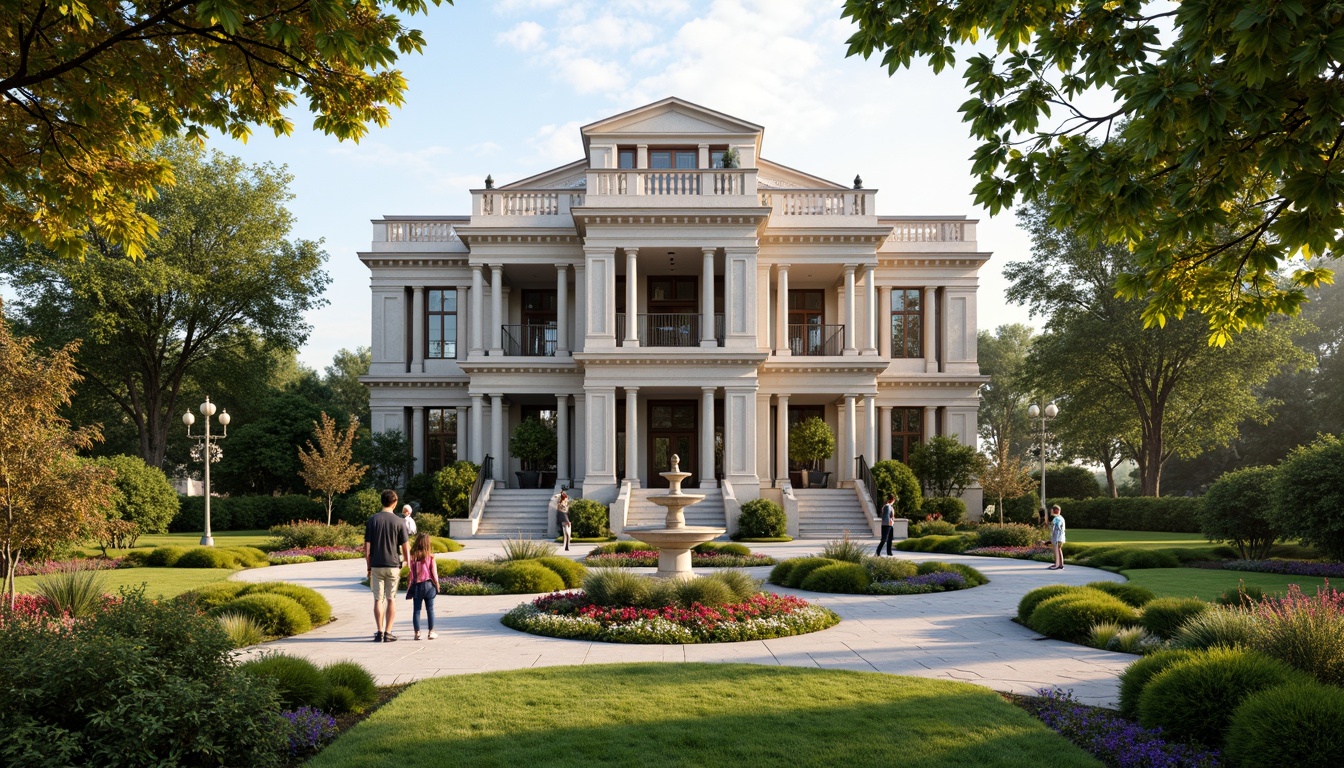 Prompt: Majestic courthouse building, grand staircase, ornate columns, intricately carved stonework, lush green lawns, vibrant flowerbeds, trimmed hedges, walking paths, historic lamp posts, classical fountain, seasonal plant arrangements, sunny afternoon, soft warm lighting, shallow depth of field, 3/4 composition, symmetrical framing, realistic textures, ambient occlusion.