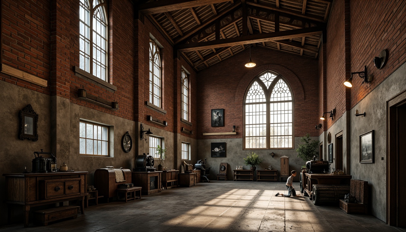 Prompt: Rustic warehouse interior, exposed brick walls, distressed wooden beams, industrial metal trusses, Gothic arches, stained glass windows, ornate stone carvings, mysterious dim lighting, eerie shadows, worn concrete floors, vintage machinery, eclectic decorative artifacts, rich wood tones, bold color accents, dramatic verticality, 1/1 composition, warm softbox lighting, cinematic atmosphere.