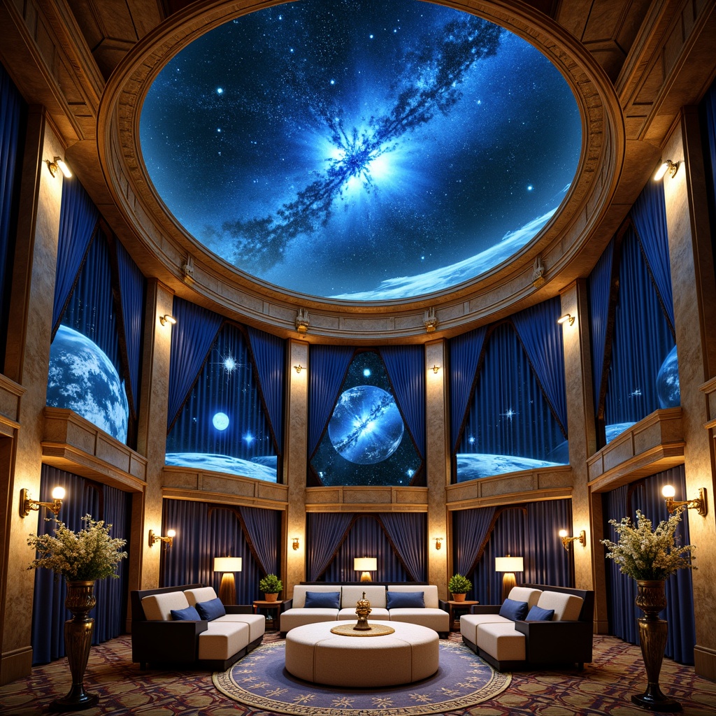 Prompt: Opulent planetarium dome, metallic silver accents, luxurious gold details, rich blue velvet curtains, intricate geometric patterns, starry night sky projections, soft warm lighting, shallow depth of field, 1/2 composition, realistic textures, ambient occlusion, ornate bronze fixtures, glamorous Art Deco design elements, lavish furnishings, celestial body displays, constellation maps, astronomy-inspired motifs, mysterious dark blues, elegant creams, sophisticated grays.