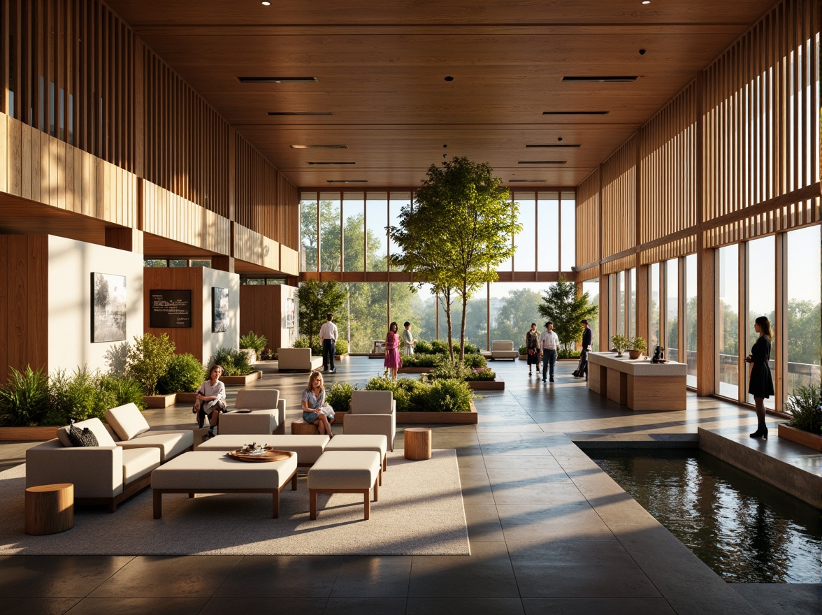 Prompt: Cozy visitor center, warm wood accents, comfortable seating areas, interactive exhibits, large windows, natural light, open floor plan, minimalist decor, neutral color palette, modern furniture, sleek lines, subtle textures, soft warm lighting, shallow depth of field, 3/4 composition, panoramic view, realistic reflections, ambient occlusion, flowing water features, lush greenery, vibrant flowers, educational signage, engaging multimedia displays.