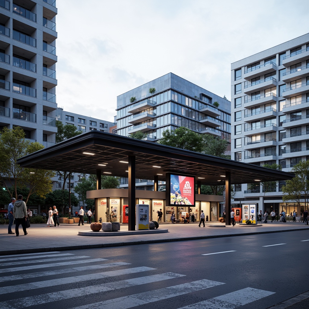 Prompt: Modern gas station, functional layout, Bauhaus style, angular lines, minimalist design, industrial materials, steel structures, glass facades, neon signage, urban surroundings, busy streets, morning light, shallow depth of field, 3/4 composition, realistic textures, ambient occlusion, user-centric design, accessible facilities, clear wayfinding, intuitive interface, digital displays, sustainable energy solutions, electric vehicle charging stations, green roofs, eco-friendly materials.