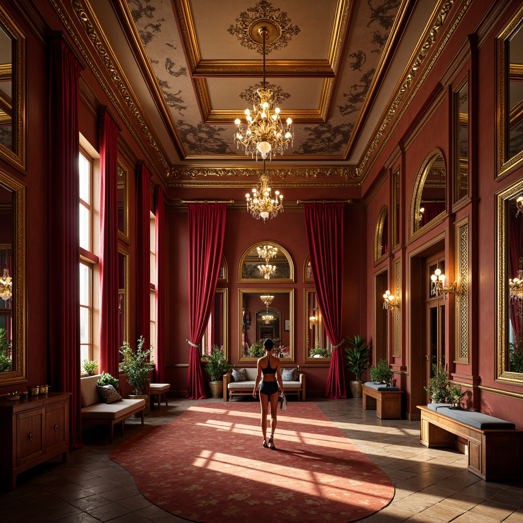 Prompt: Opulent fitness studio, rich wood accents, gilded mirrors, ornate chandeliers, bold red and gold color scheme, luxurious velvet drapes, intricate stucco ceilings, grandiose architectural details, high-contrast lighting, dramatic shadows, 1/1 composition, shallow depth of field, realistic textures, ambient occlusion.