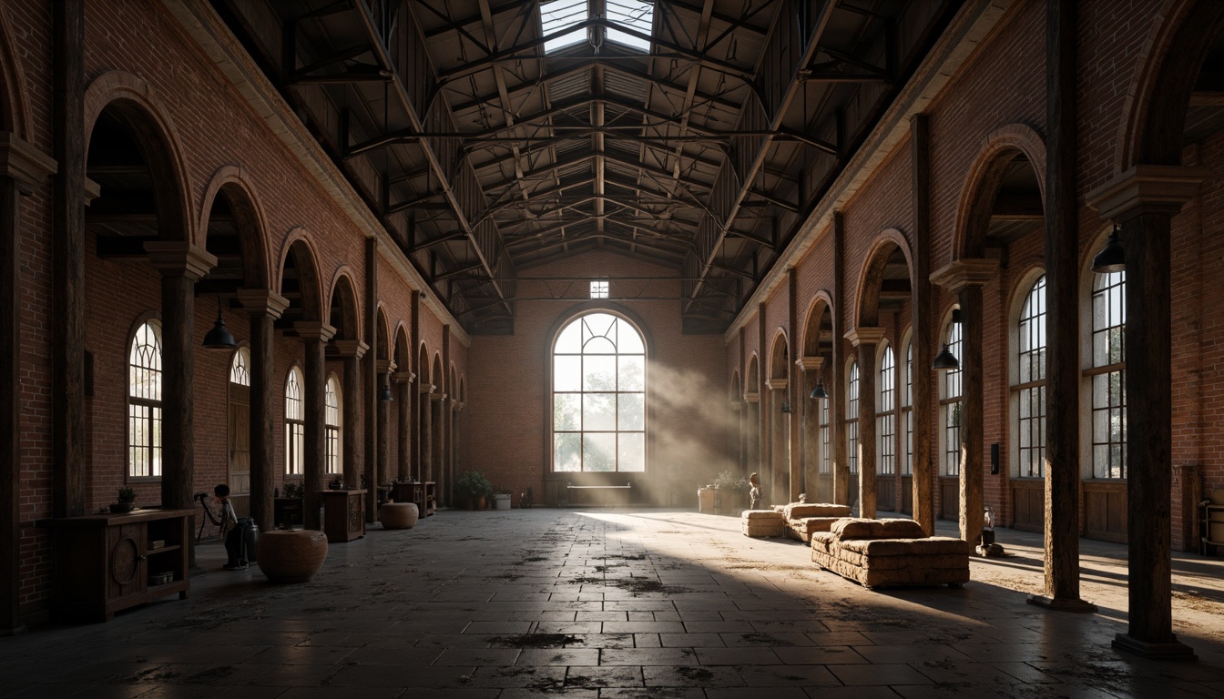 Prompt: Industrial warehouse interior, exposed brick walls, Gothic arches, vaulted ceilings, steel beams, reclaimed wood accents, distressed metal textures, ornate stone carvings, mysterious ambiance, warm soft lighting, dramatic shadows, atmospheric fog, cinematic composition, 1/2 camera angle, rich detailed renderings, historic architectural elements, grandiose scale, moody color palette.