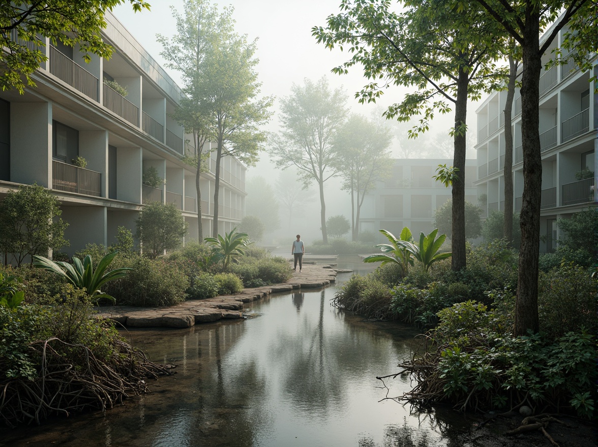 Prompt: Ethereal wetland ecosystem, misty morning fog, serene water reflections, lush green vegetation, tangled mangrove roots, rustic wooden boardwalks, meandering streams, tranquil bird habitats, earthy soil textures, natural stone pathways, eco-friendly architecture, sustainable building materials, large windows, minimalist design, ambient lighting, shallow depth of field, 1/1 composition, panoramic view, realistic water effects.