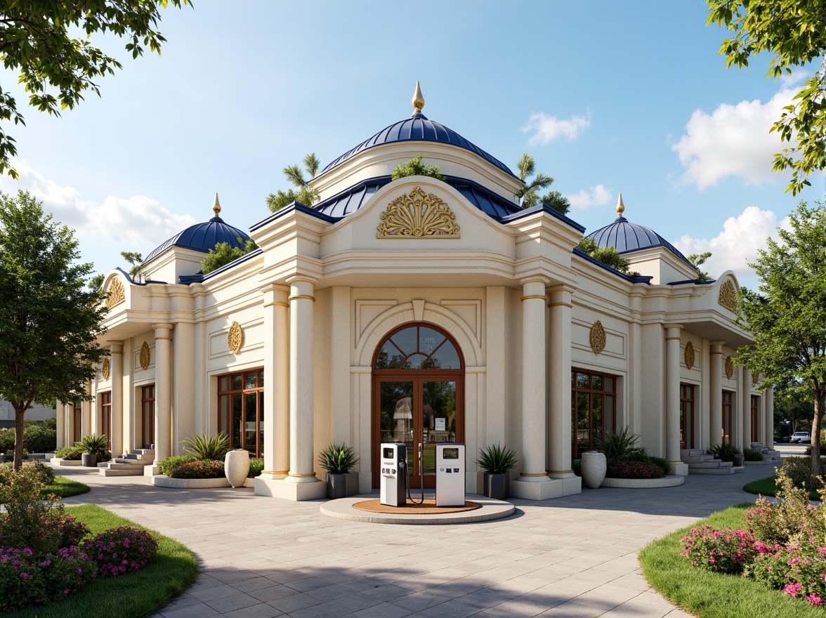 Prompt: Elegant gas station, neoclassical facade, ornate columns, symmetrical architecture, creamy white walls, rich gold accents, navy blue roofs, subtle stone textures, refined metal details, classic font signage, lush greenery, manicured lawns, vibrant flower beds, warm sunny day, soft natural lighting, shallow depth of field, 1/2 composition, realistic reflections, ambient occlusion.Let me know if this meets your expectations!