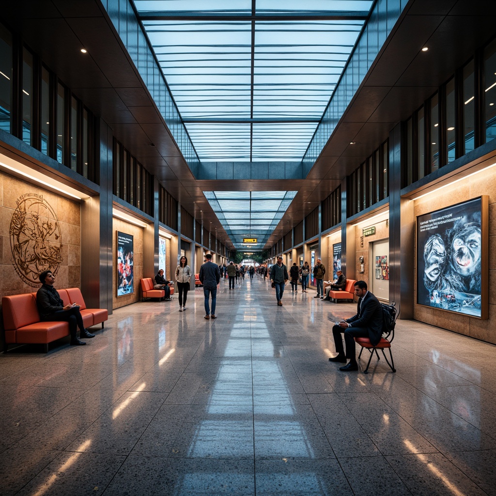 Prompt: Modern metro station, sleek glass ceilings, stainless steel columns, polished granite floors, comfortable seating areas, natural stone walls, vibrant LED lighting, futuristic digital displays, clear signage systems, efficient crowd control measures, ample pedestrian space, convenient retail kiosks, eclectic urban artwork, warm atmospheric color schemes, 1/2 composition, shallow depth of field, softbox lighting, realistic reflections.