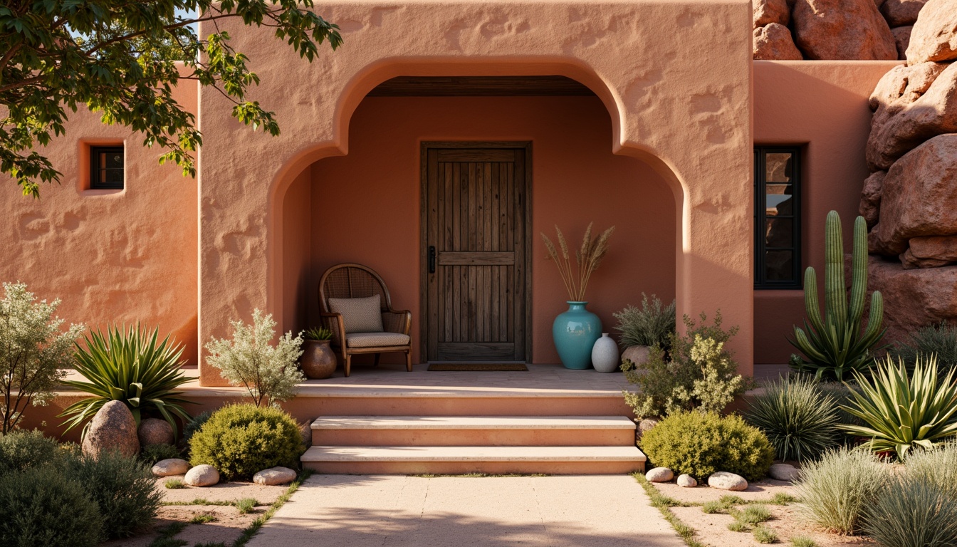 Prompt: Warm terracotta walls, rustic stone foundations, earthy red rock formations, lush green cacti, turquoise accents, soft sandy pathways, vintage wooden doors, distressed metal adornments, natural linen drapes, warm golden lighting, low-contrast shadows, atmospheric mist, shallow depth of field, 2/3 composition, cinematic view, realistic textures, ambient occlusion.