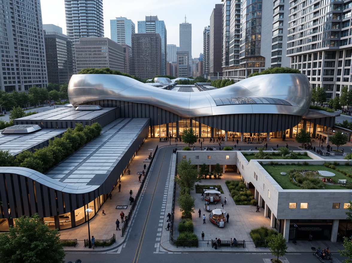 Prompt: Futuristic tram station, curved blob-like structures, sleek metallic surfaces, vibrant LED lighting, urban cityscape, bustling streets, modern skyscrapers, glass facades, concrete pedestrian paths, green roofs, eco-friendly design, energy-efficient systems, solar panels, wind turbines, water conservation systems, shaded outdoor spaces, misting systems, intricate geometric patterns, 3/4 composition, shallow depth of field, panoramic view, realistic textures, ambient occlusion.