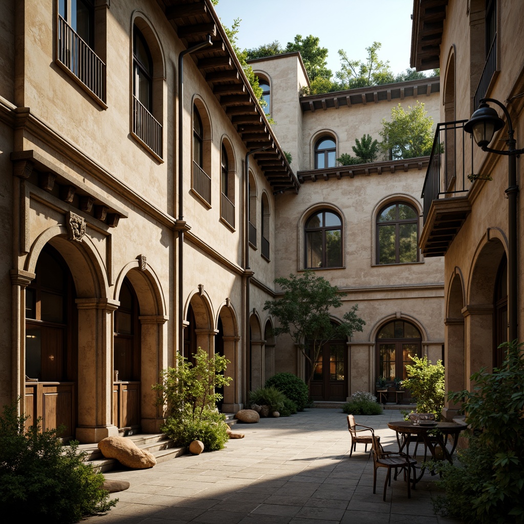 Prompt: Rustic loft, Romanesque-inspired facades, weathered stone walls, arched windows, ornate carvings, distressed wood accents, vintage metalwork, earthy color palette, moss-covered roofs, overgrown vegetation, soft warm lighting, shallow depth of field, 1/1 composition, atmospheric perspective, realistic textures, ambient occlusion.